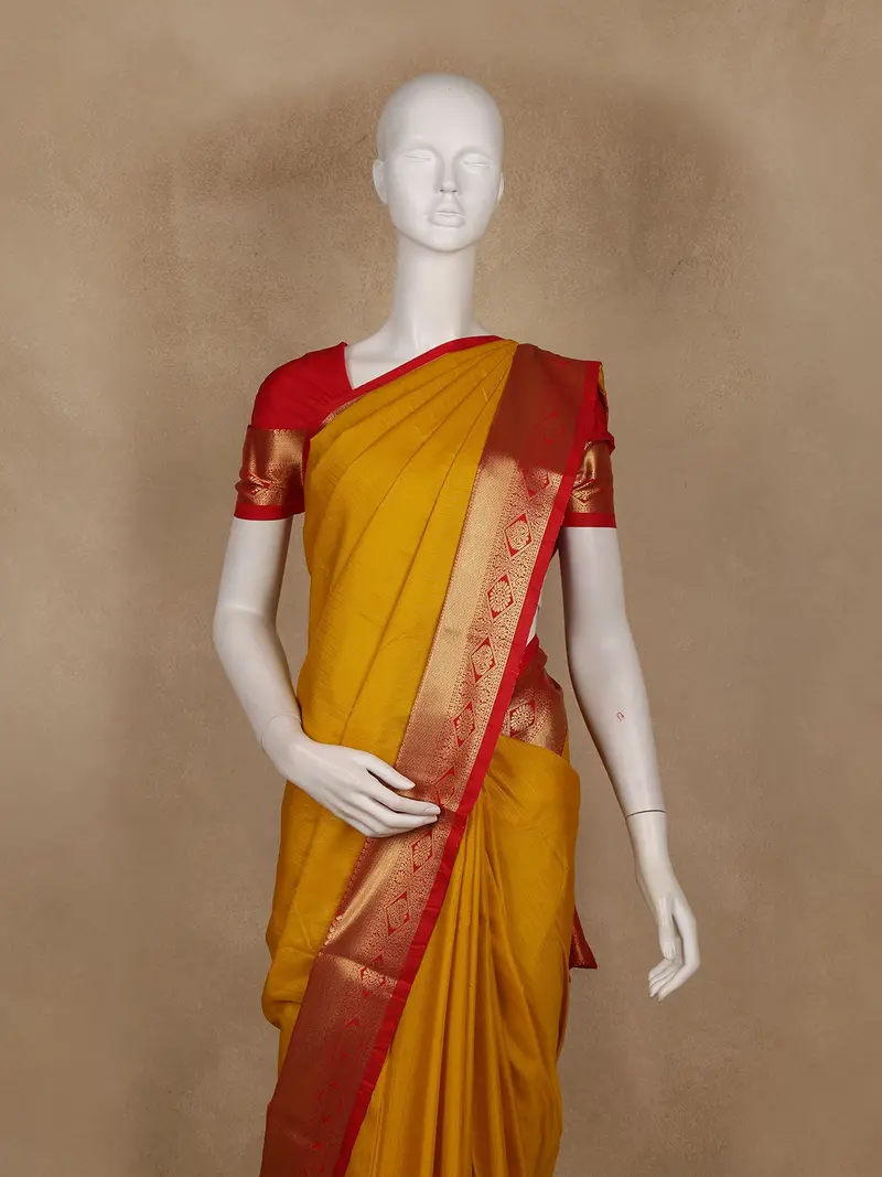 Mustard Yellow Stripes Woven Semi Silk Saree With Contrast Red Zari Border 2