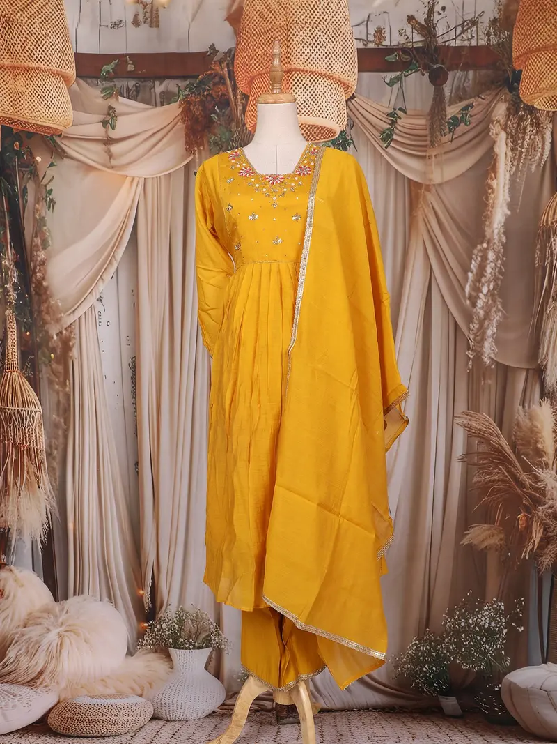 Mustard Yellow Thread And Sequin Embroidered Design Cotton Anarkali Salwar Suit 1