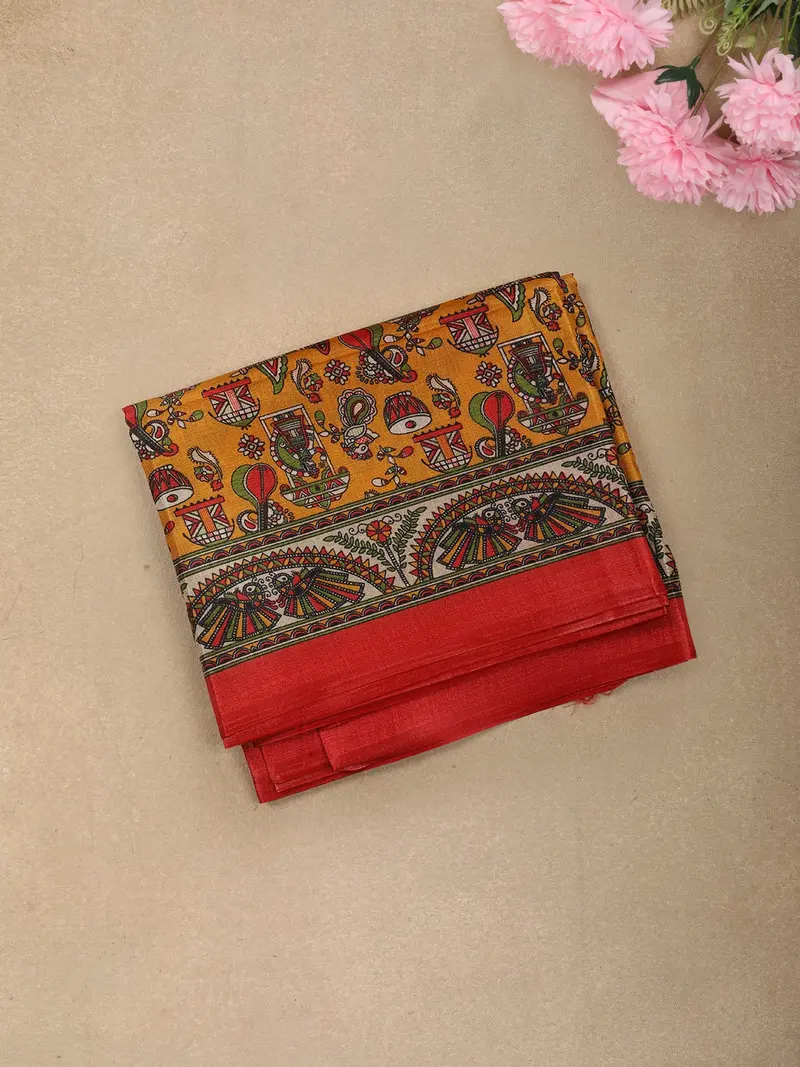 Mustard Yellow Traditional Folk Printed Design Crepe Saree 1