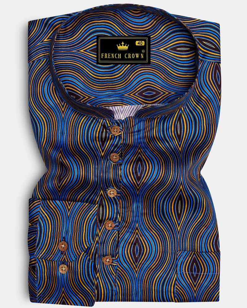 Mustard Yellow With Anakiwa Blue Illusion Printed Super Soft Premium Cotton Kurta Shirt 1