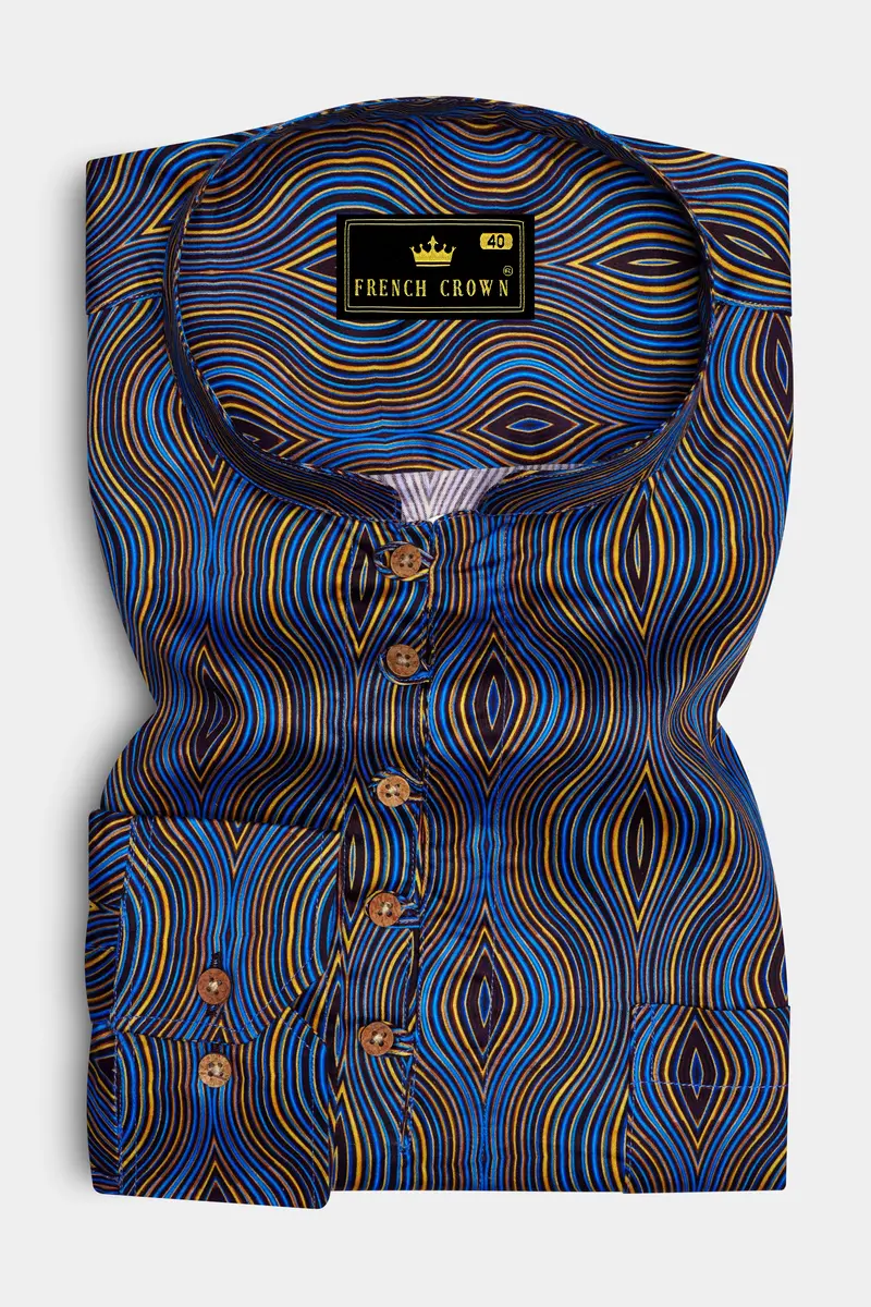 Mustard Yellow With Anakiwa Blue Illusion Printed Super Soft Premium Cotton Kurta Shirt 2