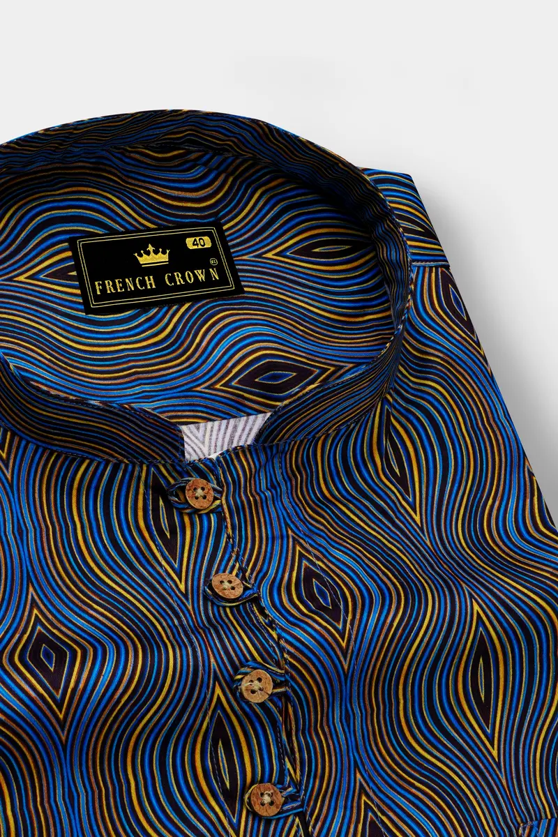 Mustard Yellow With Anakiwa Blue Illusion Printed Super Soft Premium Cotton Kurta Shirt 4