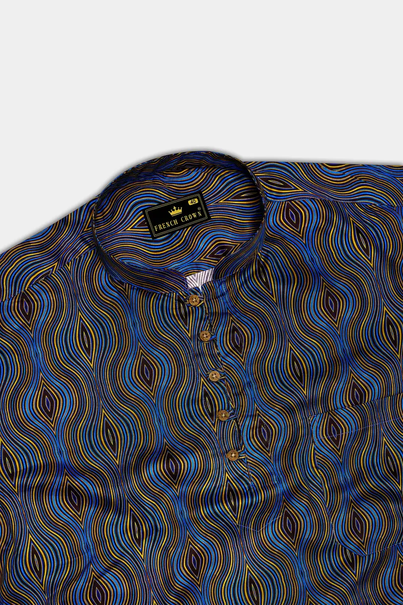 Mustard Yellow With Anakiwa Blue Illusion Printed Super Soft Premium Cotton Kurta Shirt 5