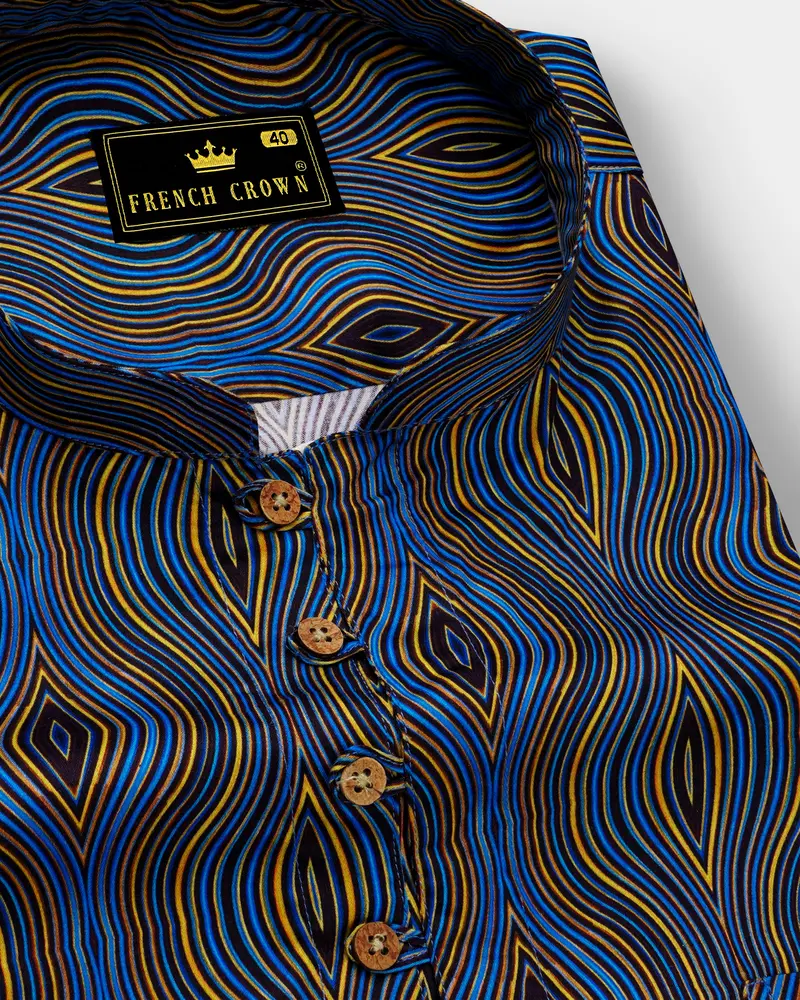 Mustard Yellow With Anakiwa Blue Illusion Printed Super Soft Premium Cotton Kurta Shirt 6