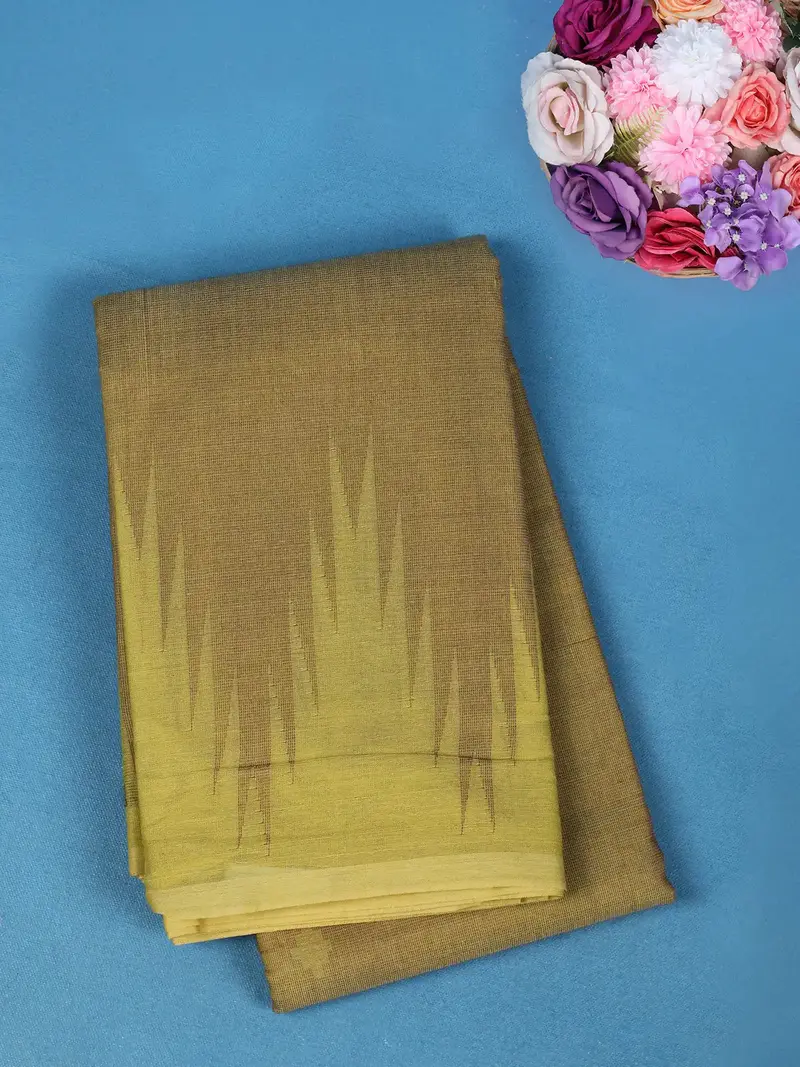 Mustard Yellow With Brown Solid Cotton Saree 1