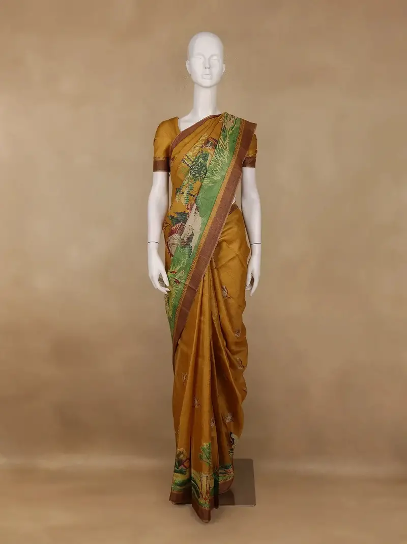 Mustard Yellow Woodland Deer Tapestry Woven Tussar Silk Saree 1