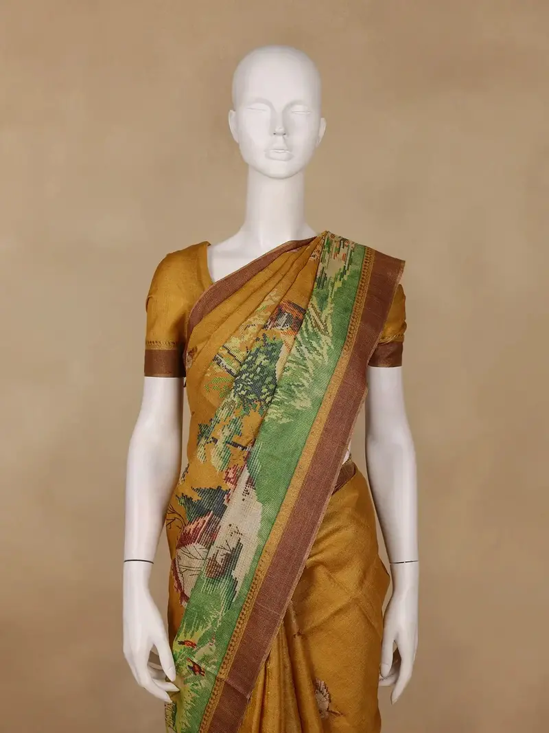 Mustard Yellow Woodland Deer Tapestry Woven Tussar Silk Saree 2