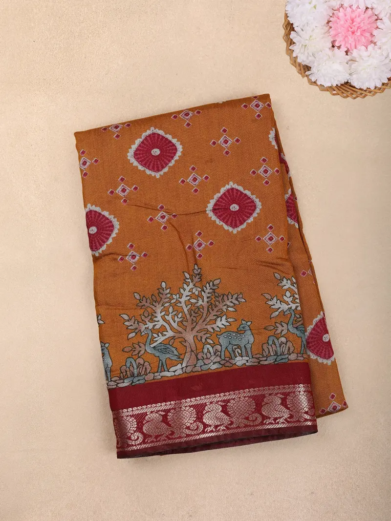 Mustard Yellow Woodland Printed Chanderi Cotton Saree With Maroon Zari Border 1
