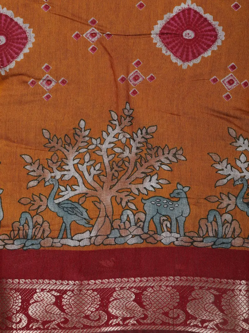 Mustard Yellow Woodland Printed Chanderi Cotton Saree With Maroon Zari Border 2