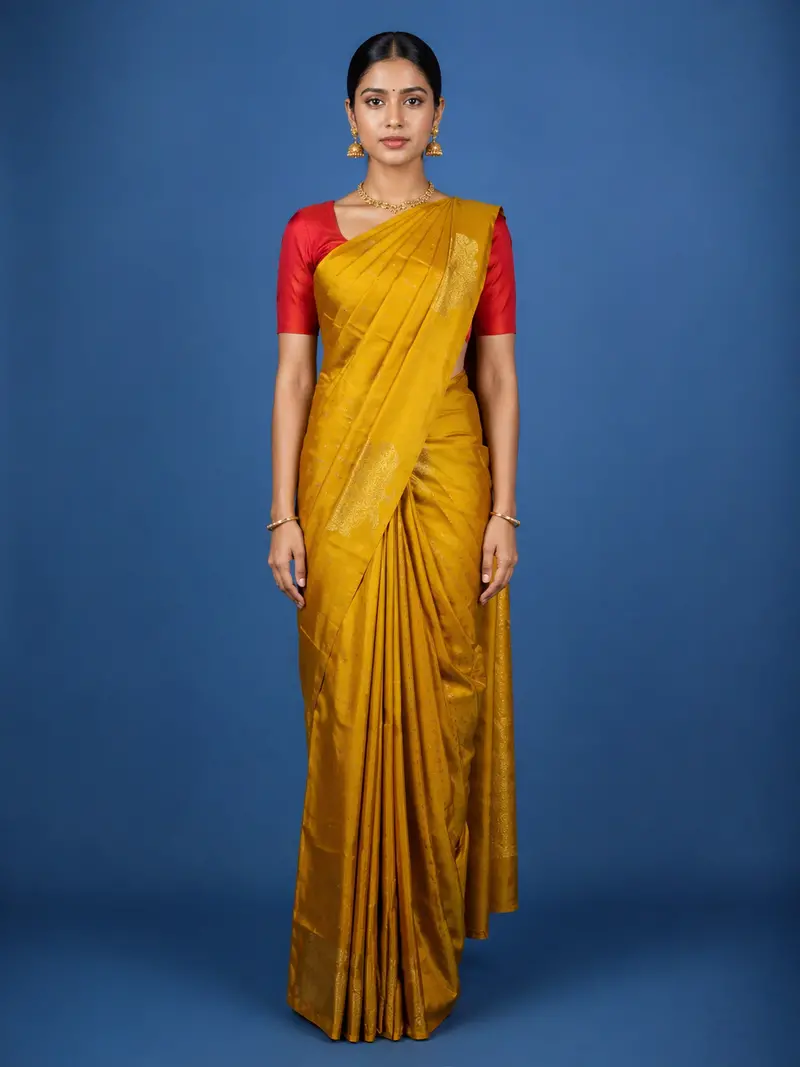 Mustard Yellow Woven Stripes Floral Design Zari Border Silk Saree 1