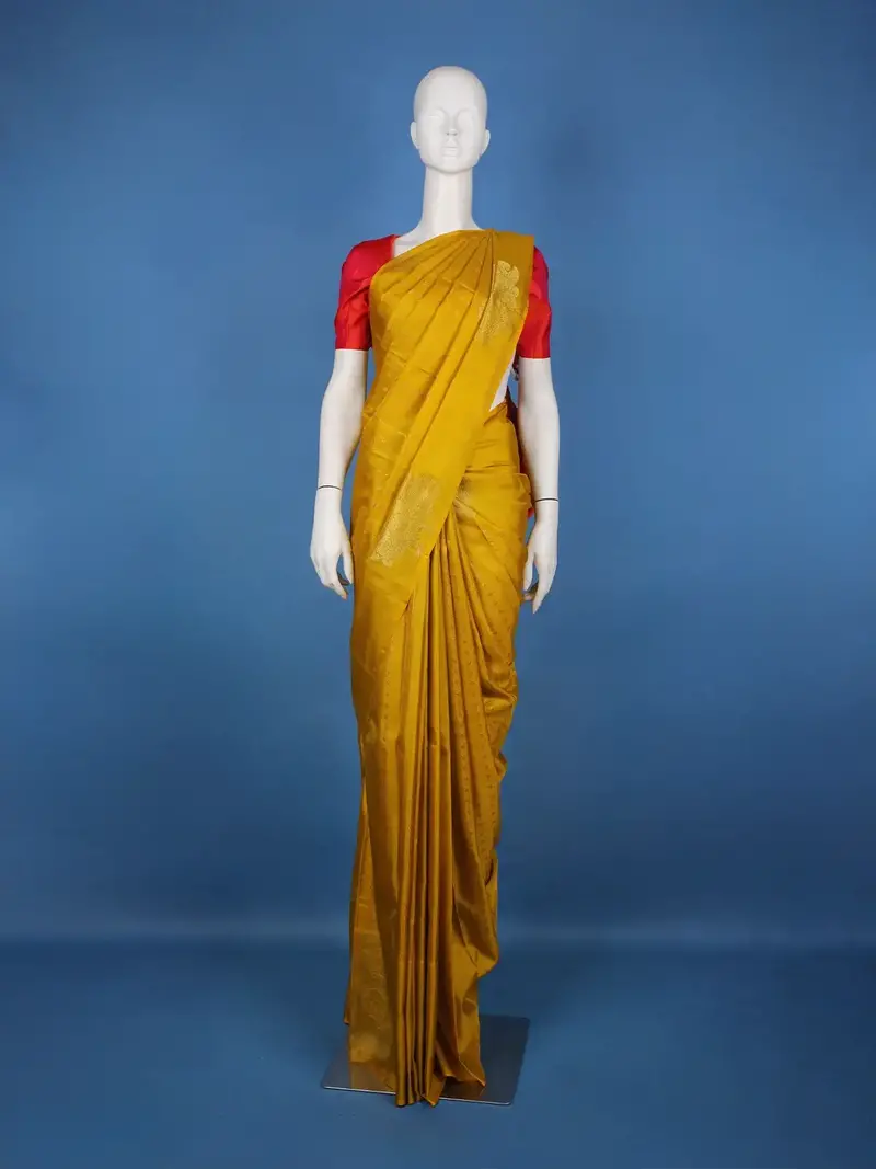 Mustard Yellow Woven Stripes Floral Design Zari Border Silk Saree 2
