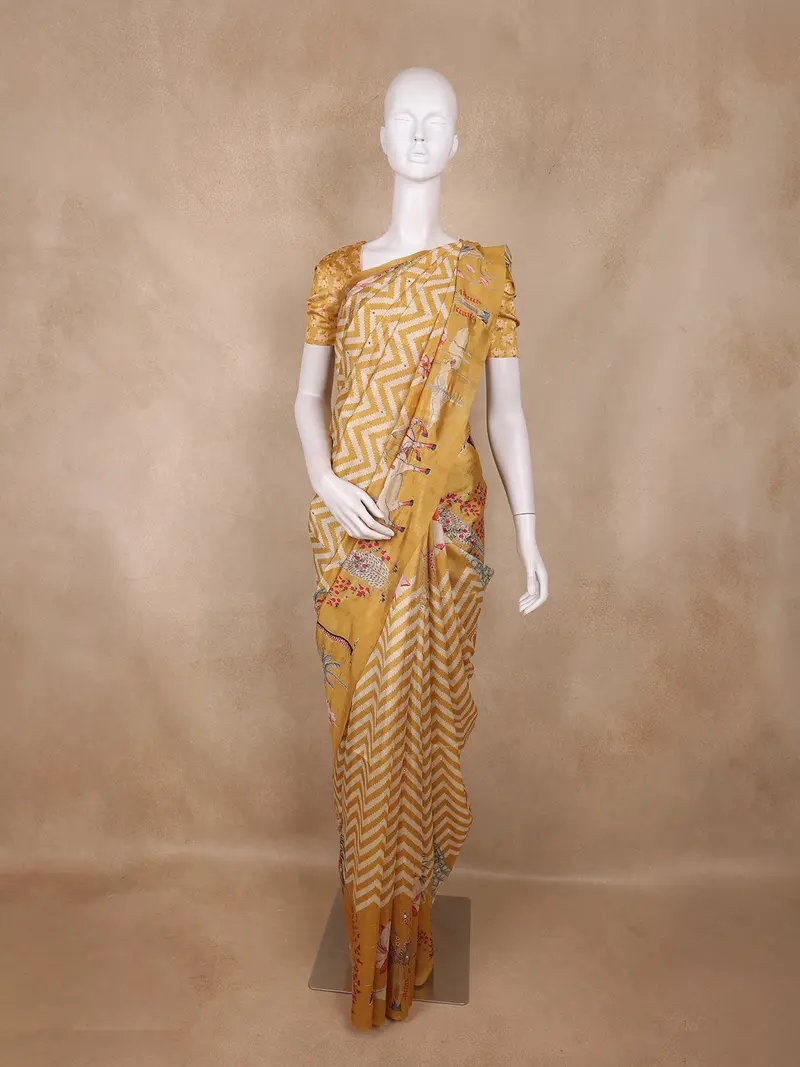 Mustard Yellow Zigzag Printed Design Semi Tussar Saree With Floral And Bird Pattern Pallu 1