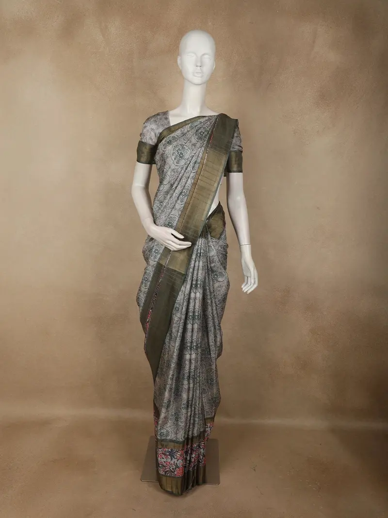 Muted Ash Grey Floral Printed Design Semi Tussar Saree 1