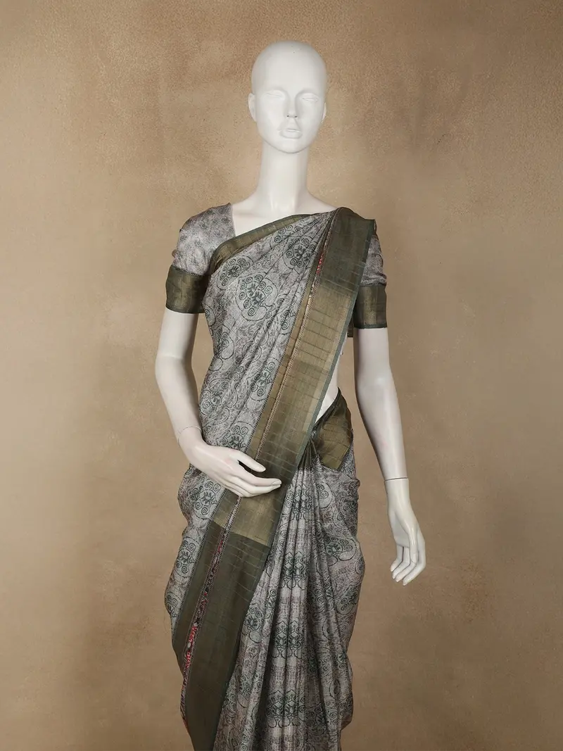 Muted Ash Grey Floral Printed Design Semi Tussar Saree 2