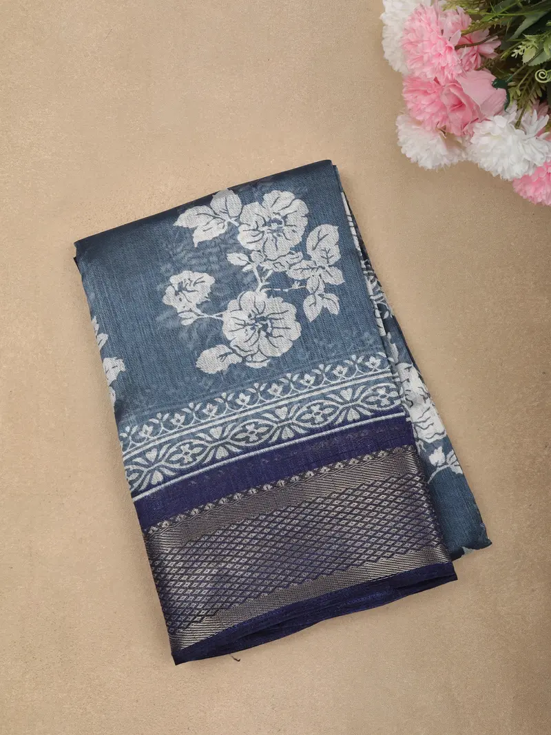 Muted Blue Floral Printed Design Mixed Cotton Saree With Zari Border 1
