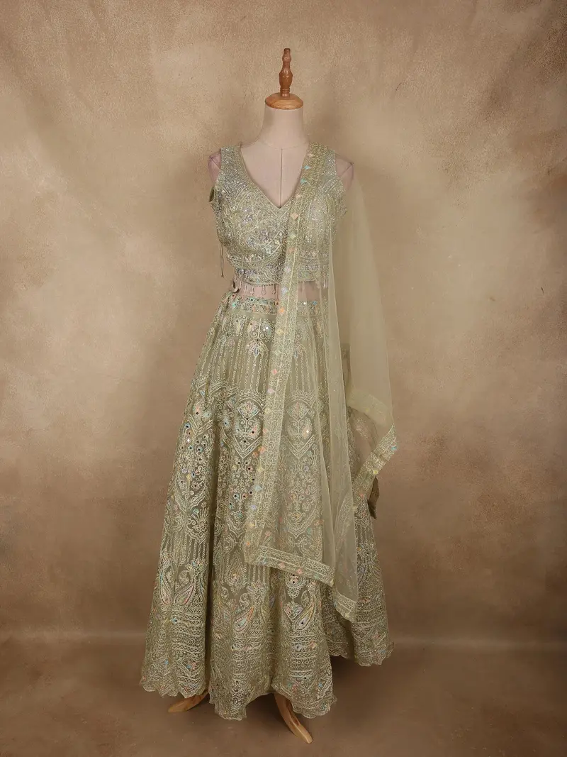 Muted Celadon Sage Green Floral Embroidered And Stone Embellished Design Net Lehenga With Net Dupatta 1