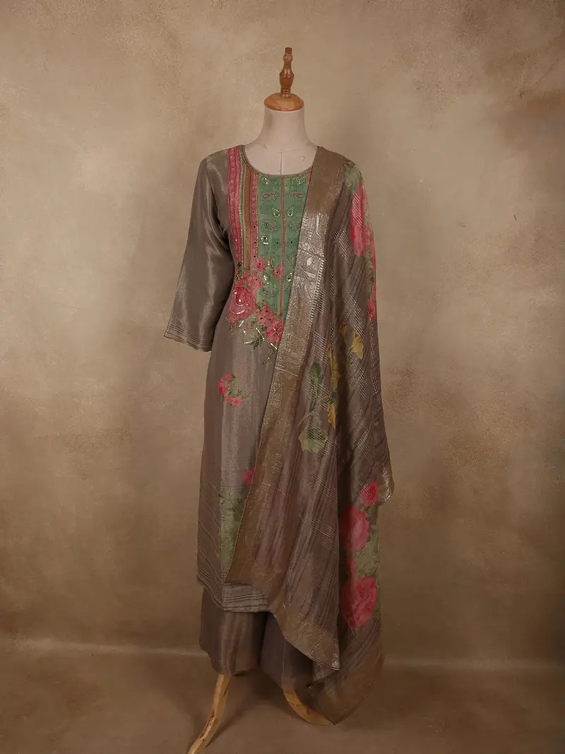 Muted Cocoa Brown Floral Embroidered Design Crepe Palazzo Suit With Dupatta 1