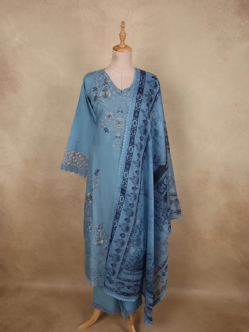 Muted Dusty Steel Blue Floral Thread Embroidered Design Cotton Salwar Suit With Dupatta 1