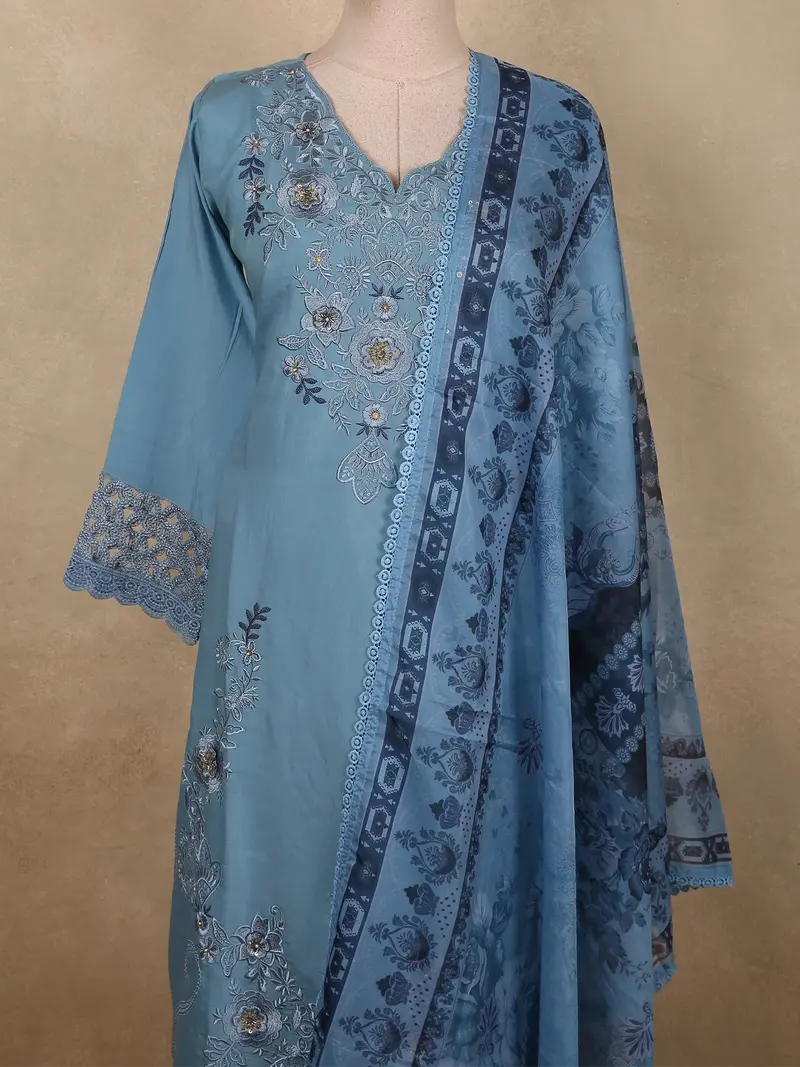 Muted Dusty Steel Blue Floral Thread Embroidered Design Cotton Salwar Suit With Dupatta 2