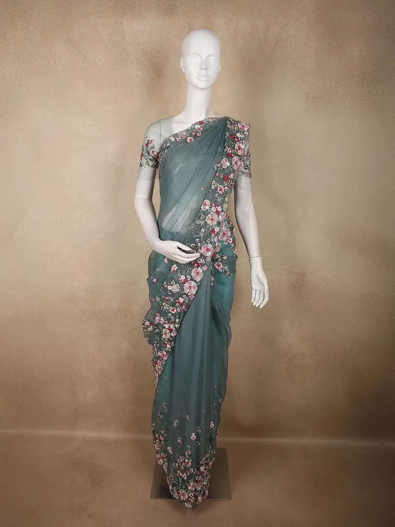 Muted Dusty Teal Blue Floral Sequins And Beads Embroidered Design Net Designer Saree 1
