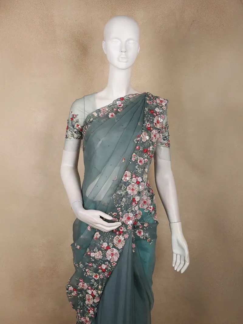 Muted Dusty Teal Blue Floral Sequins And Beads Embroidered Design Net Designer Saree 2