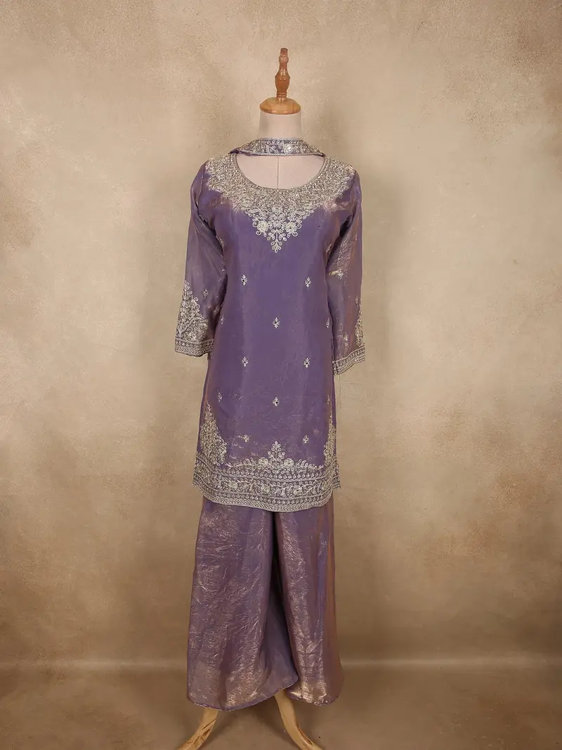 Muted Lavender Floral Zari Embroidered Design Organza Palazzo Suit With Dupatta 1