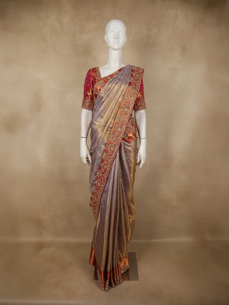Muted Lavender Grey Floral Zari Woven Design Pure Kanchipuram Silk Saree With Aari Handmade Work Blouse 1