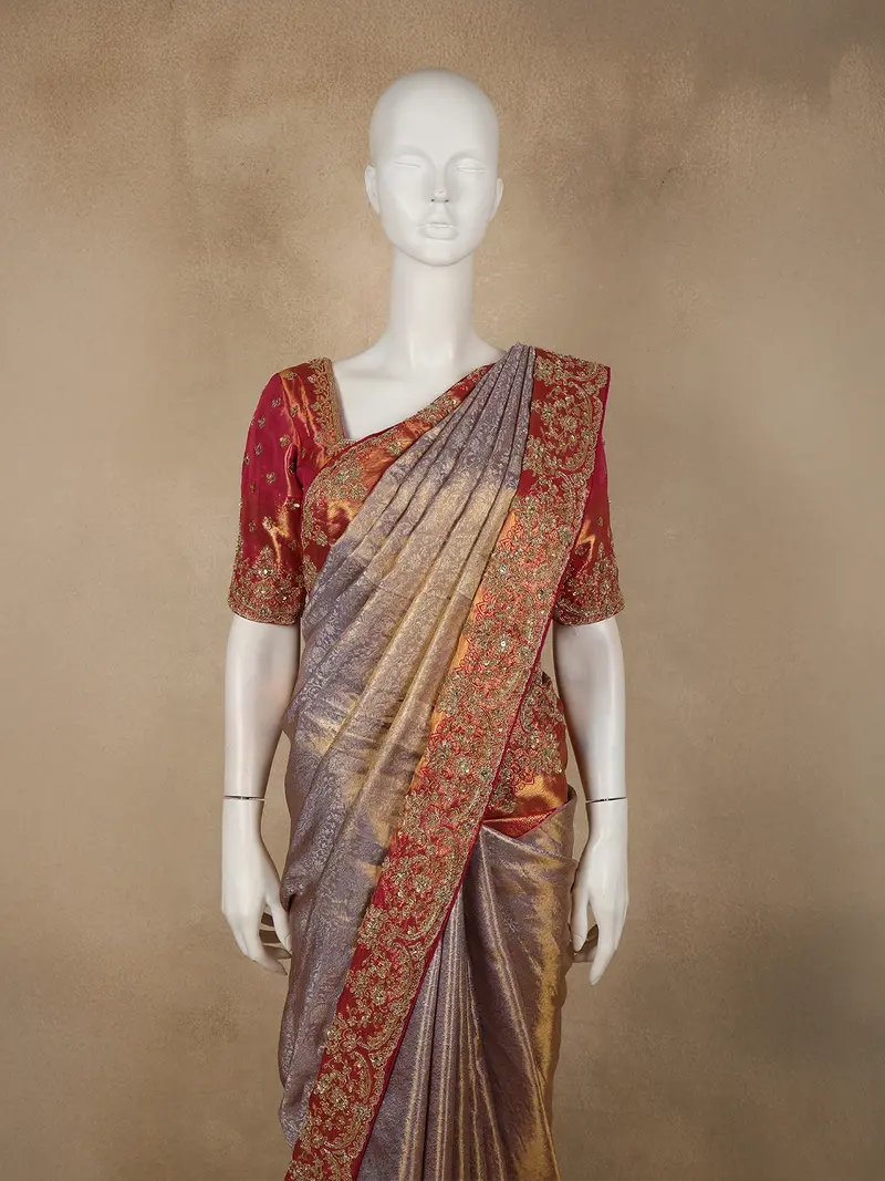 Muted Lavender Grey Floral Zari Woven Design Pure Kanchipuram Silk Saree With Aari Handmade Work Blouse 2