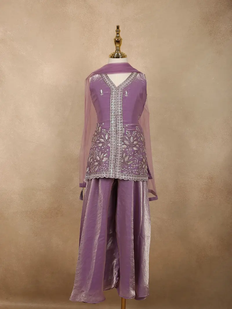 Muted Lavender Purple Floral Sequins And Beads Embroidered Design Organza Kids Palazzo Suit 1