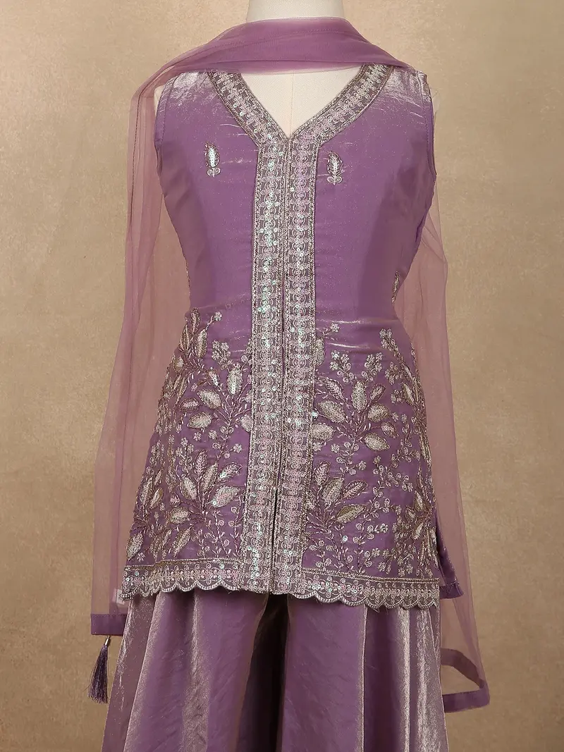 Muted Lavender Purple Floral Sequins And Beads Embroidered Design Organza Kids Palazzo Suit 2
