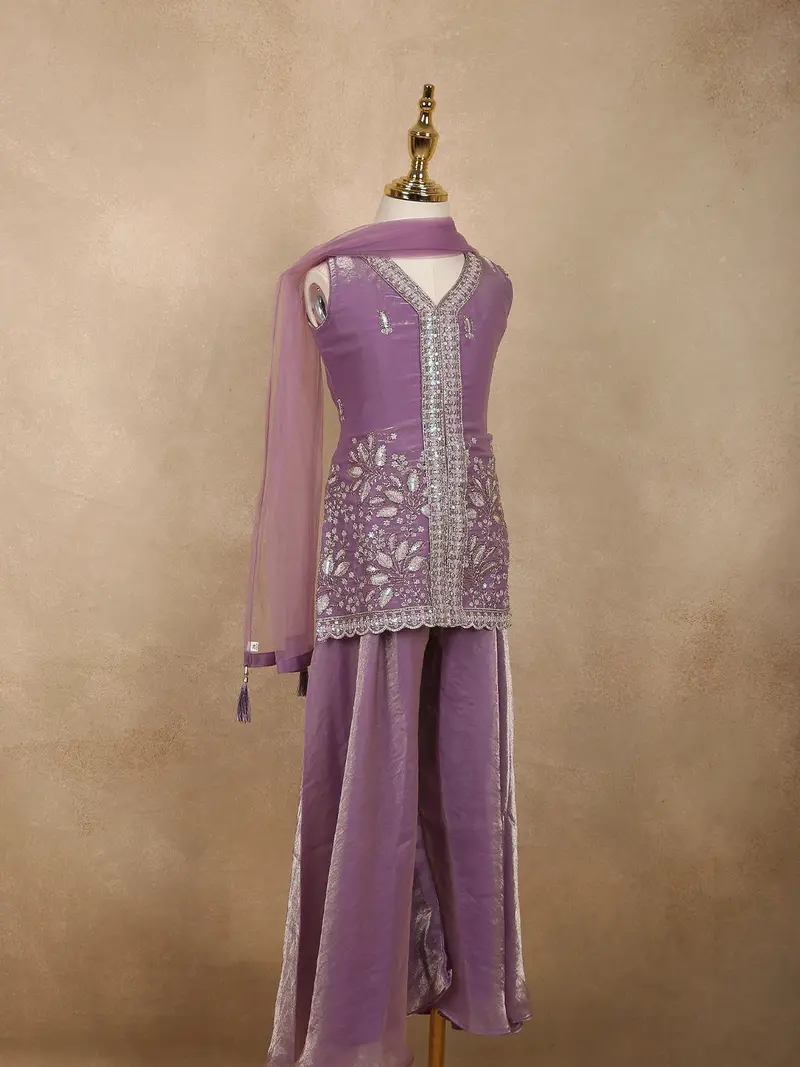 Muted Lavender Purple Floral Sequins And Beads Embroidered Design Organza Kids Palazzo Suit 3