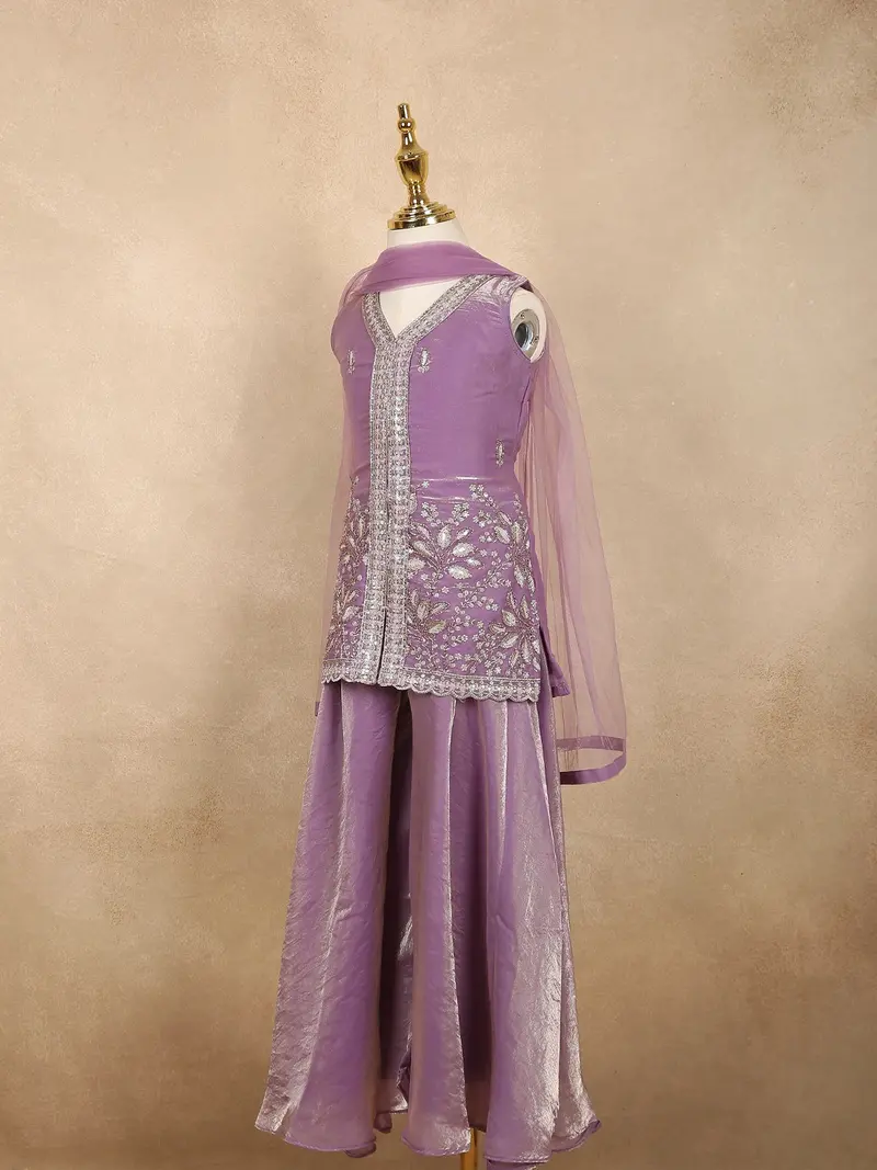 Muted Lavender Purple Floral Sequins And Beads Embroidered Design Organza Kids Palazzo Suit 4