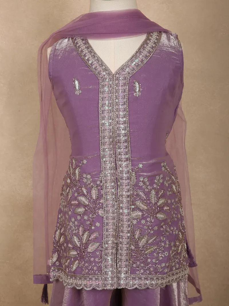 Muted Lavender Purple Floral Sequins And Beads Embroidered Design Organza Kids Palazzo Suit 5