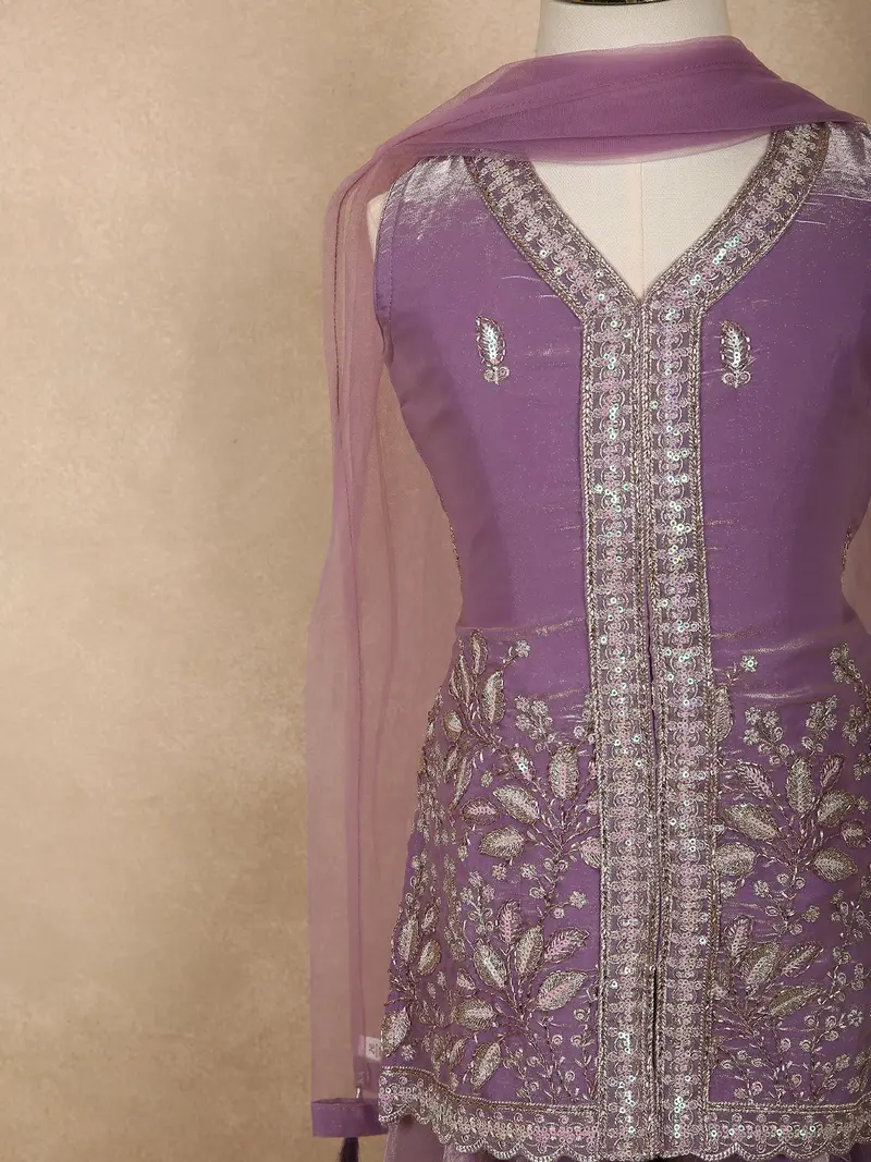 Muted Lavender Purple Floral Sequins And Beads Embroidered Design Organza Kids Palazzo Suit 6