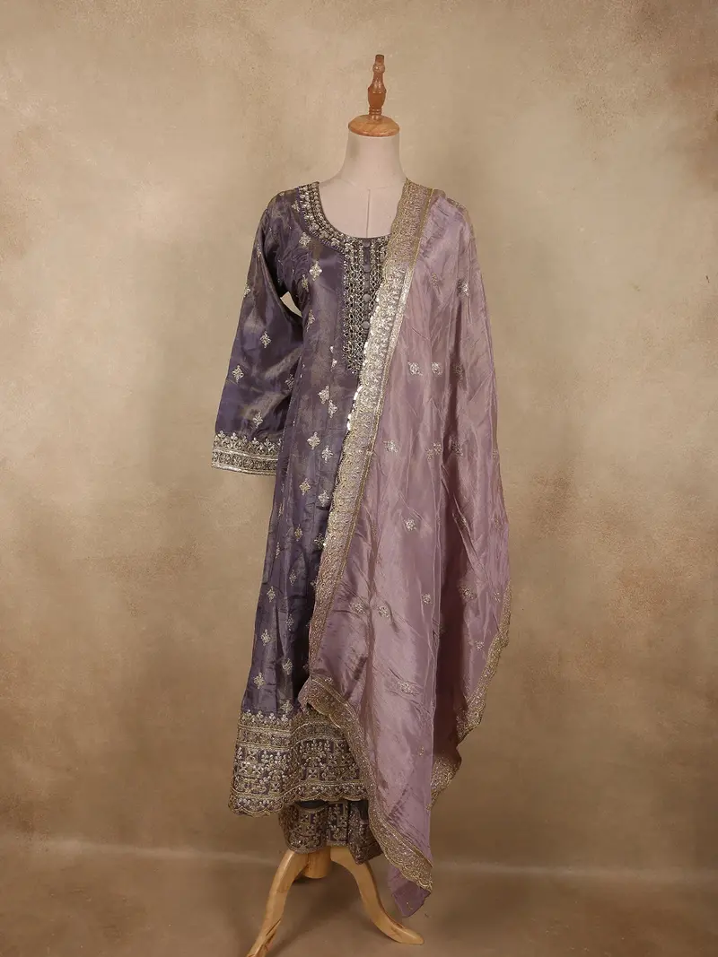Muted Lavender Purple Floral Zari And Mirror Embroidered Design Tissue Organza Salwar Suit 1