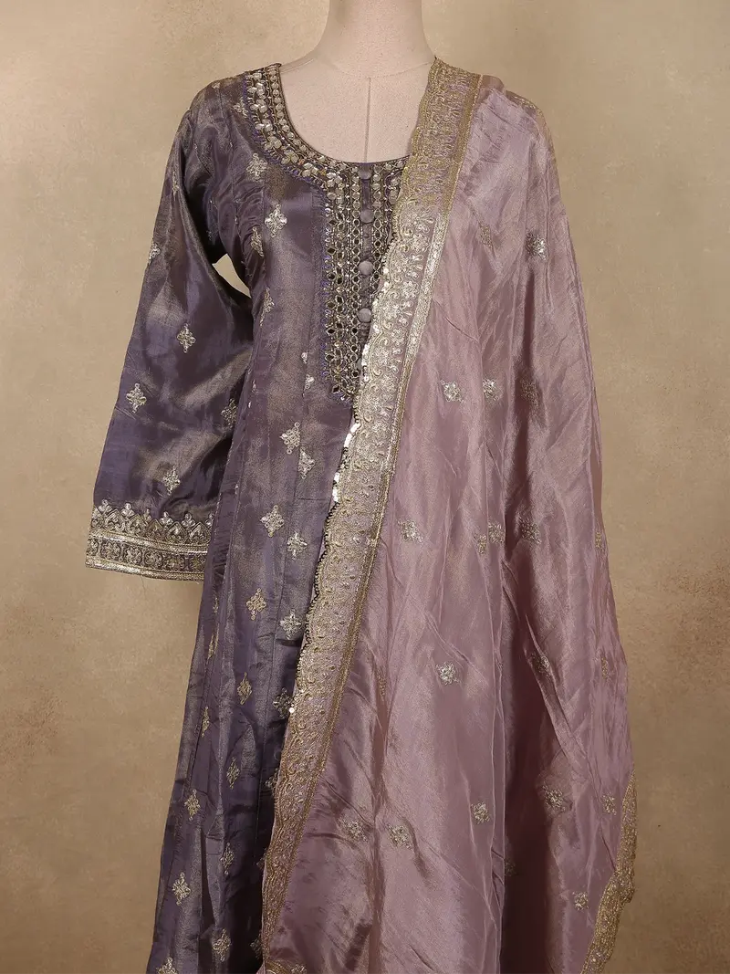 Muted Lavender Purple Floral Zari And Mirror Embroidered Design Tissue Organza Salwar Suit 2