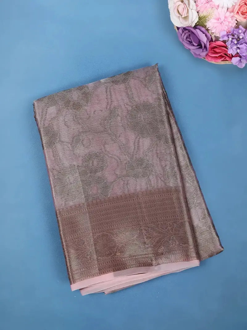 Muted Mauve Pink  Floral Design Tissue Silk Saree 1