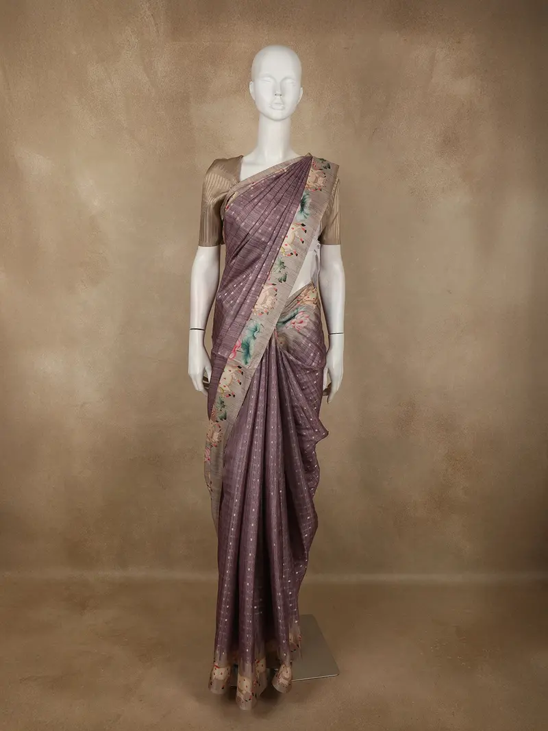 Muted Mauve Purple Striped Woven Design Tussar Saree With Contrast Animal Motif Border 1
