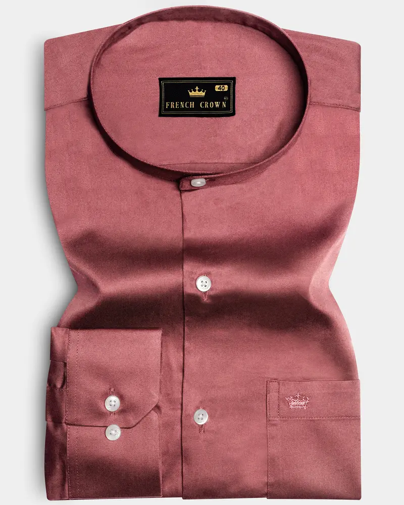 Muted Mauve-Rose Taupe Subtle Sheen Super Soft Premium Cotton Semi Formal Mandarin Collar Shirt 10
