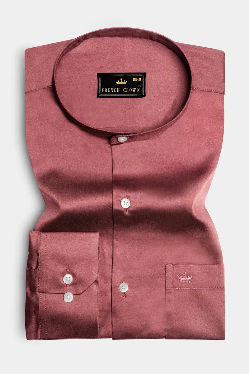 Muted Mauve-Rose Taupe Subtle Sheen Super Soft Premium Cotton Semi Formal Mandarin Collar Shirt 4