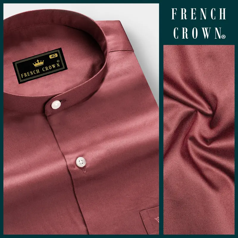 Muted Mauve-Rose Taupe Subtle Sheen Super Soft Premium Cotton Semi Formal Mandarin Collar Shirt 8