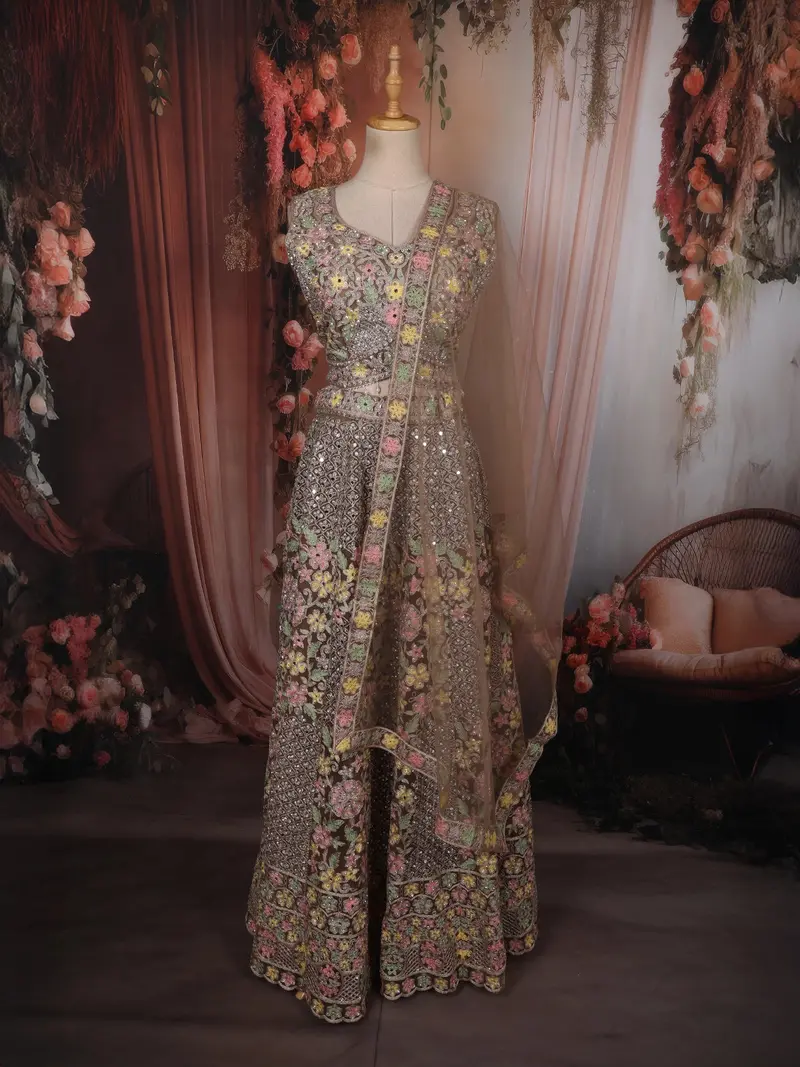 Muted Mocha Brown Floral Thread And Mirror Embroidered Design Net Lehenga With Dupatta 1
