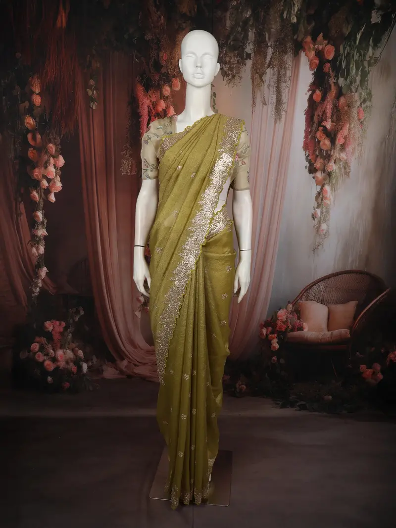 Muted Olive Green Floral Zari Embroidered Design Tissue Organza Fancy Saree With Designer Border 1