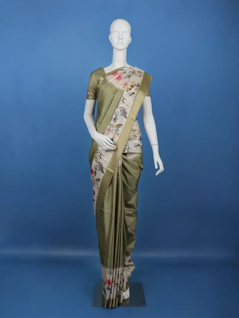 Muted Olive Green Solid Design Tussar Silk Saree 1