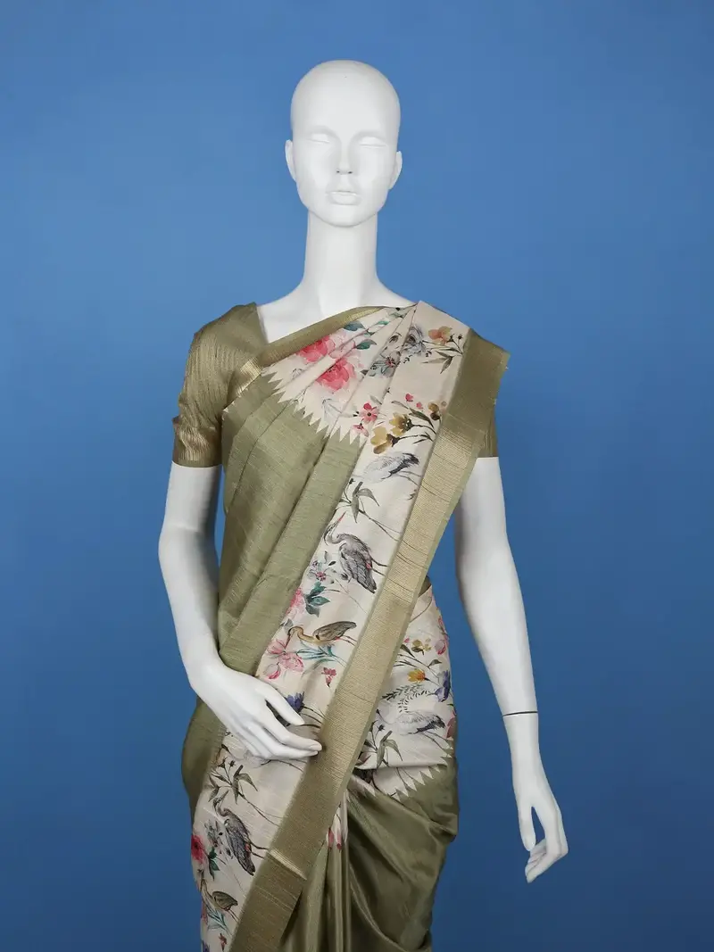 Muted Olive Green Solid Design Tussar Silk Saree 2
