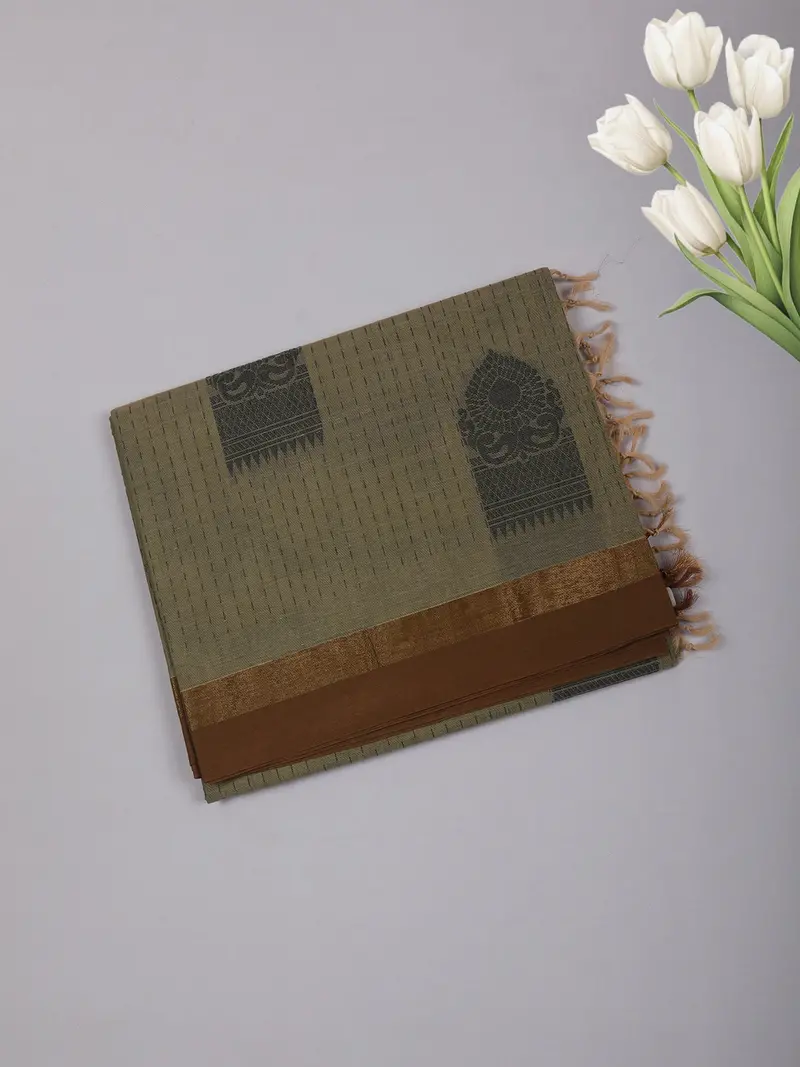 Muted Olive Green Temple Motif Woven Cotton Saree With Zari Border 1