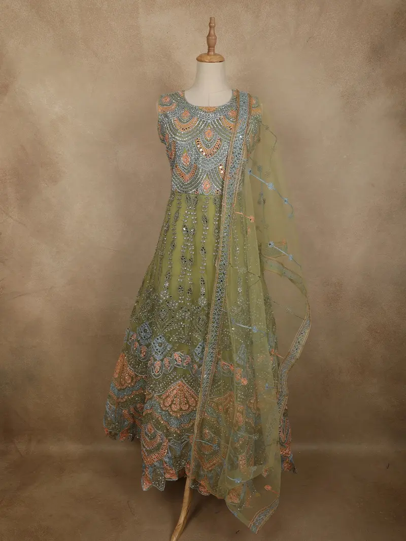Muted Olive Moss Green Floral Thread And Mirror Embroidered Design Net Anarkali Gown With Dupatta 1