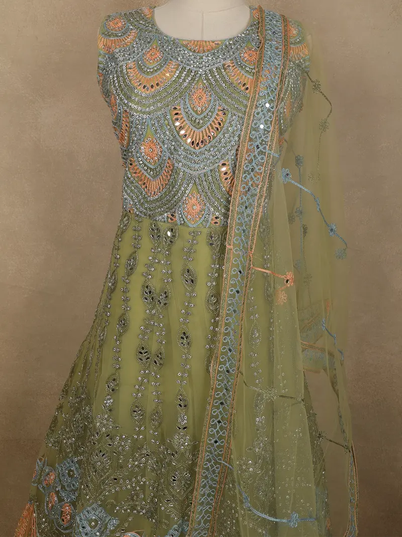 Muted Olive Moss Green Floral Thread And Mirror Embroidered Design Net Anarkali Gown With Dupatta 2