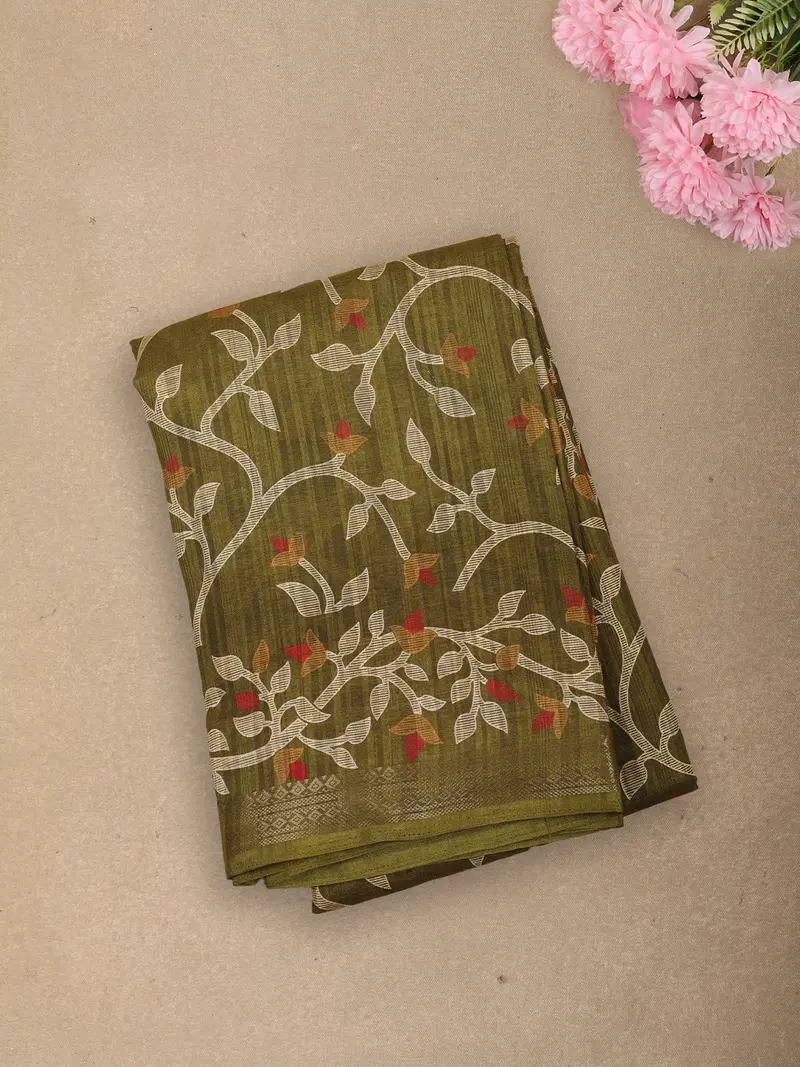 Muted Olive Moss Green Floral Vine Printed Design Mixed Cotton Saree With Zari Border 1