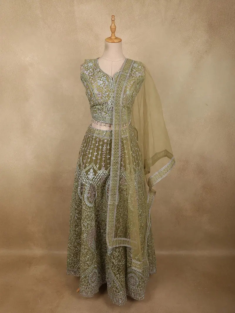 Muted Olive Pistachio Green Floral Thread And Mirror Embroidered Design Net Lehenga With Dupatta 1